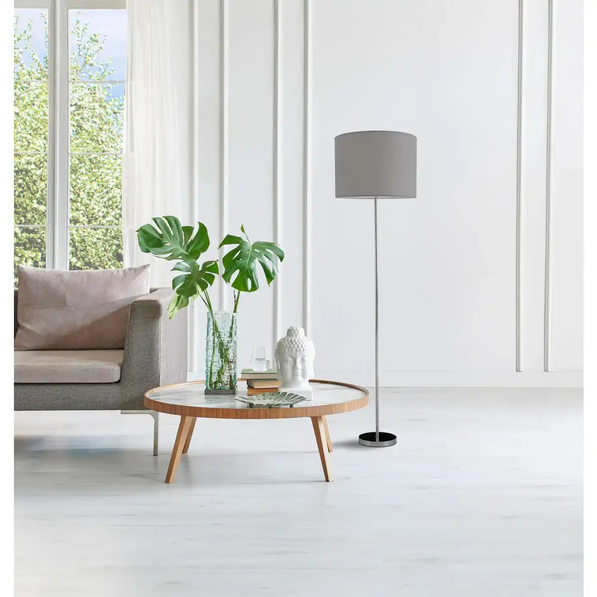 Stehleuchte "NEW YORK", klassische Stehlampe aus Metall mit Textilschirm in Grau, mit E27-Fassung, 160 cm hoch, perfekt für Wohnzimmer, Esszimmer, Diele und Büro