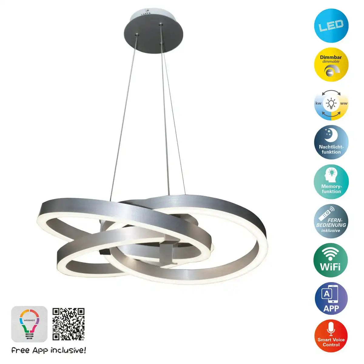 Smart Home LED Pendelleuchte "DIVORA" Ø 58cm, Deckenlampe aus Metall, Aluminium gebürstet und weißem Kunststoff, mit vielen Funktionen, fest verbauten LEDs, Beleuchtung für Wohnzimmer, Esszimmer Büro oder Diele