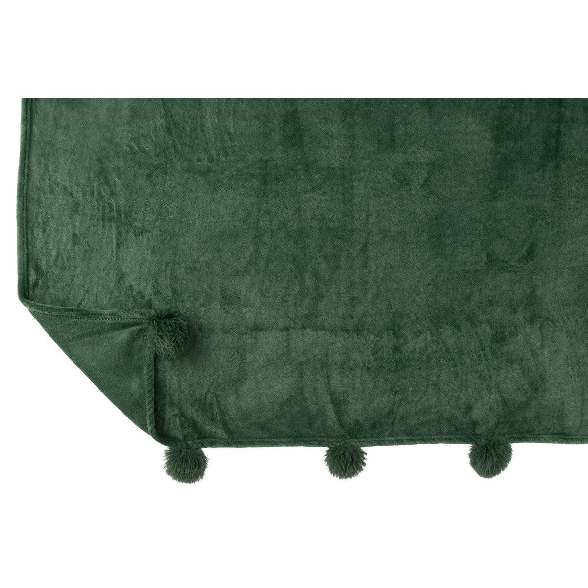 J-Line Plaid Pompom – Polyester – dunkelgrün – 170 x 130 cm