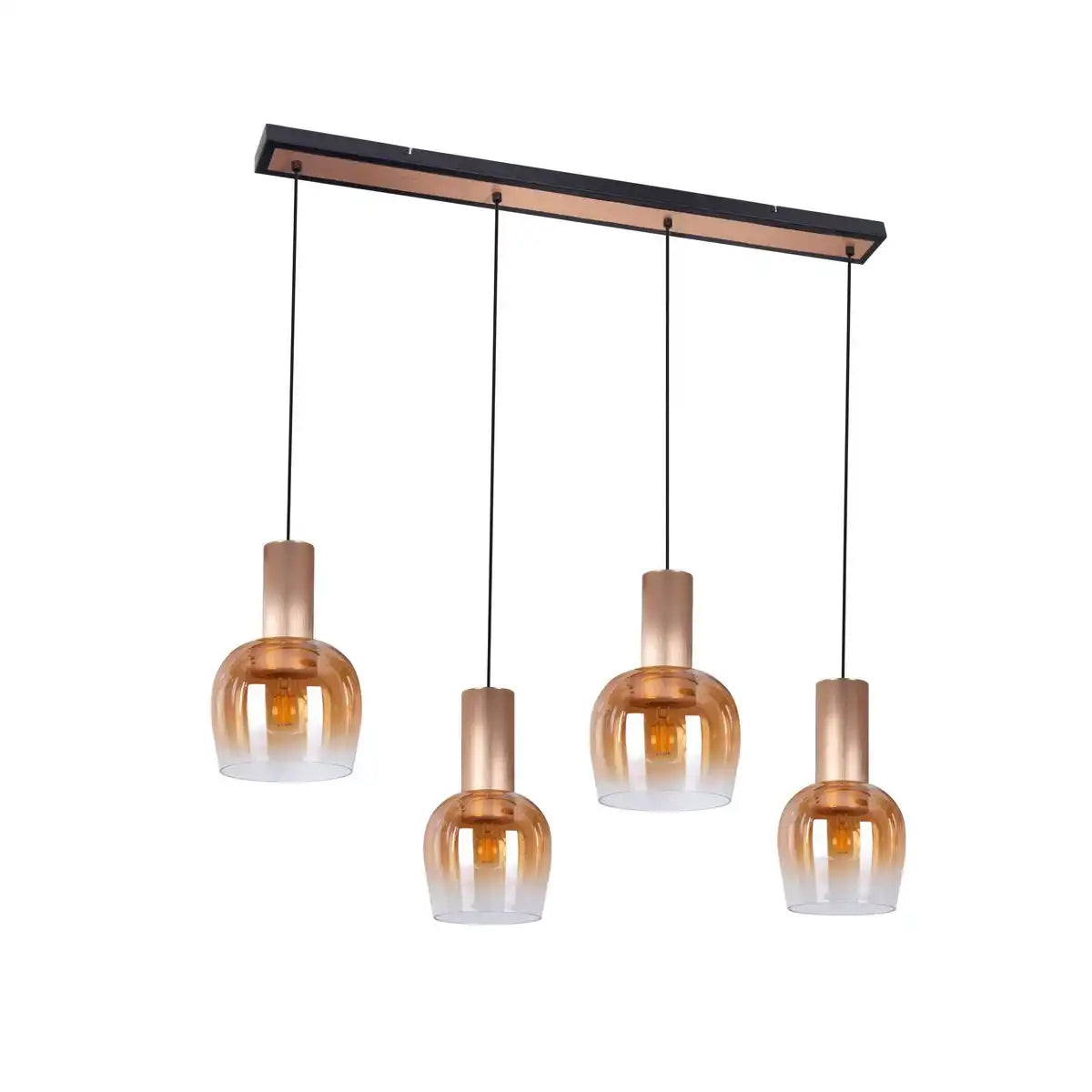 4-er Pendelleuchte "Funda", Retro Pendellampe aus amberfarbenem Glas und matt gebürstetem, messingfarbenem Metall, mit E27-Fassungen, 111 cm lang, 150 hoch, ideal für Esszimmer, Wohnzimmer und Küche.