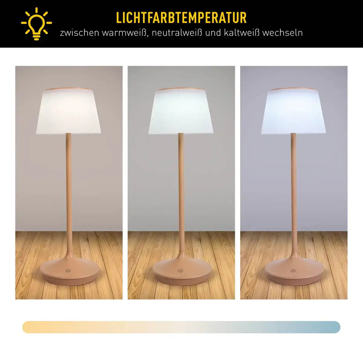 Solar-Akkutischleuchte "EMMI" 38 cm hoch, Schirm Ø 13 cm, Metall in Almond und weißer Kunststoff, für den Außenbereich, dimmbar CCT.