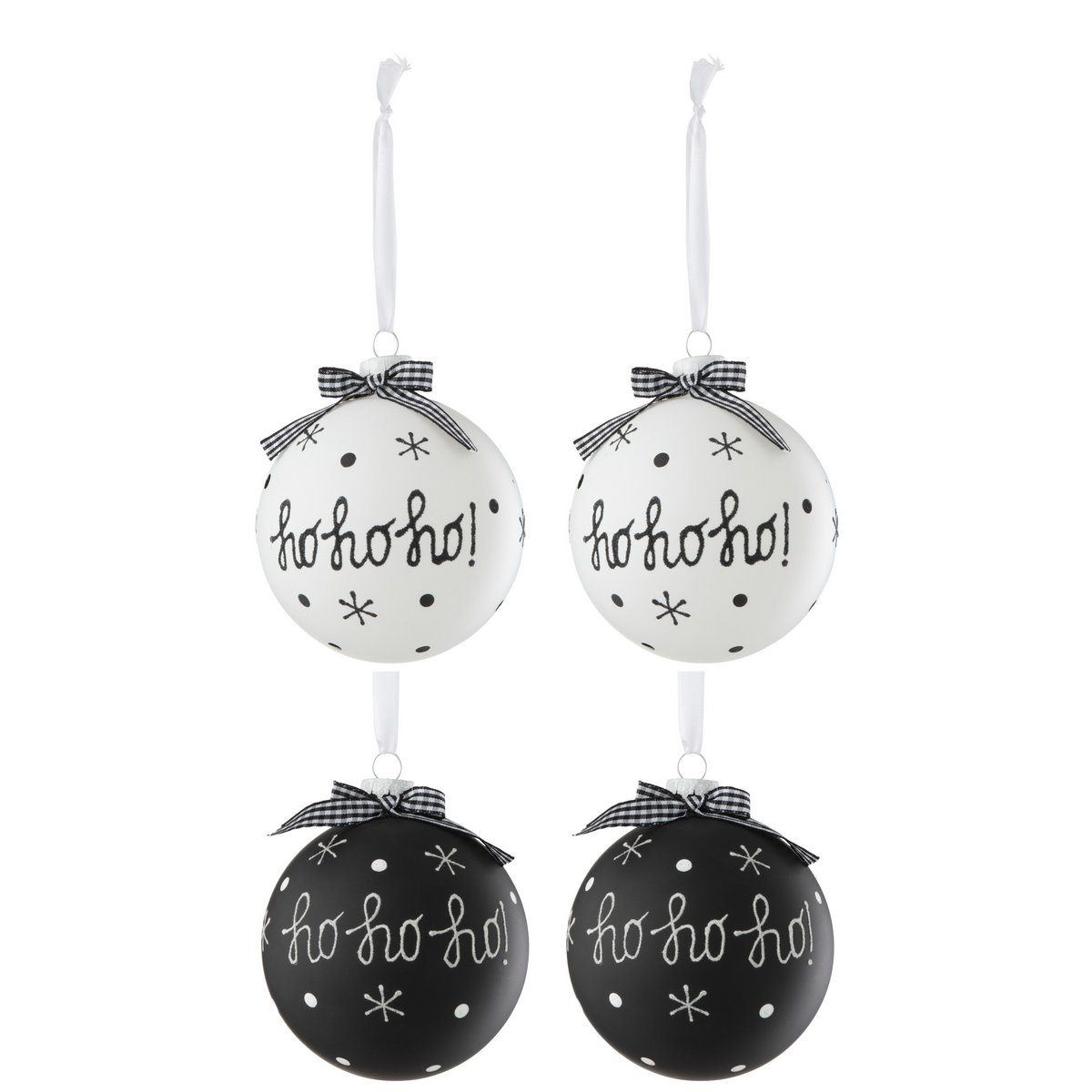 J-Line Box mit 4 Weihnachtskugeln, 2+2 Hoho+Schneeflocken+Schleife, Glas, Schwarz/Weiß, groß