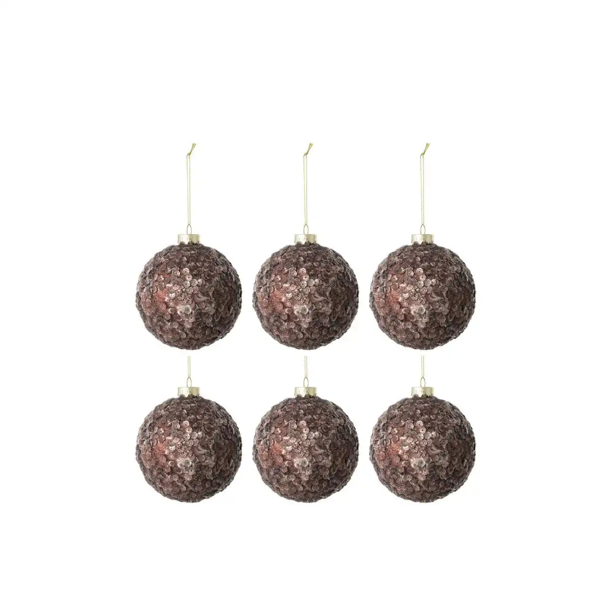 J-Line Box mit 6 Weihnachtskugeln, Pailletten, Zucker, mattes Glas, dunkelbraun, klein