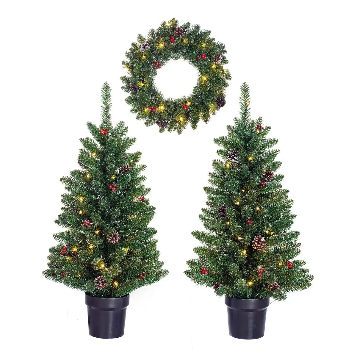 Set bestehend aus 2 Weihnachtsbäumen und 1 Kranz mit LED-Beleuchtung – Grün