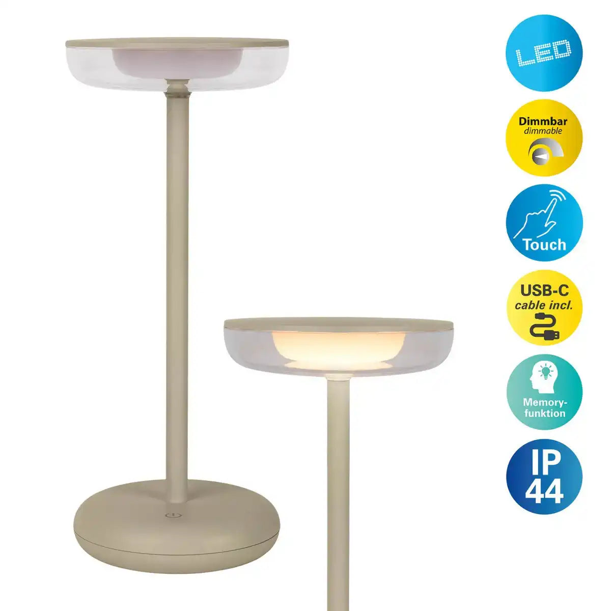 Akku-Tischleuchte "PASI" für Außen und Innen, aus Metall und Kunststoff in Beige, dimmbar, mit Touch- und Memory-Funktion, ca. 26 cm hoch