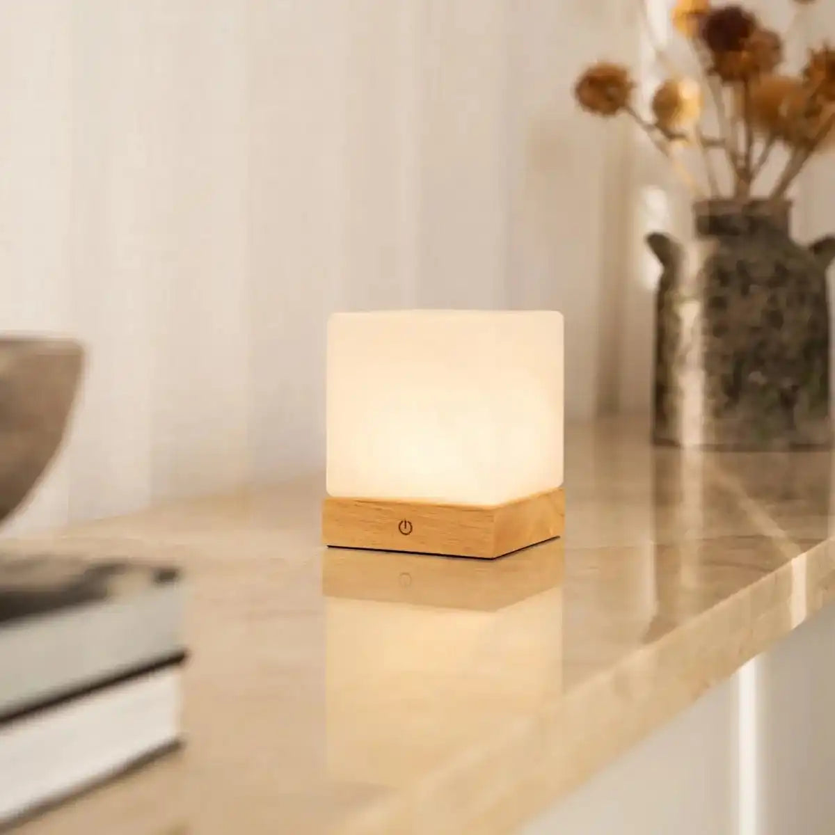 Yce hellbraune schnurlose Holzlampe mit gefrorenem Glas-wiederaufladbar, dimmbar, 100-Stunden-Batterie