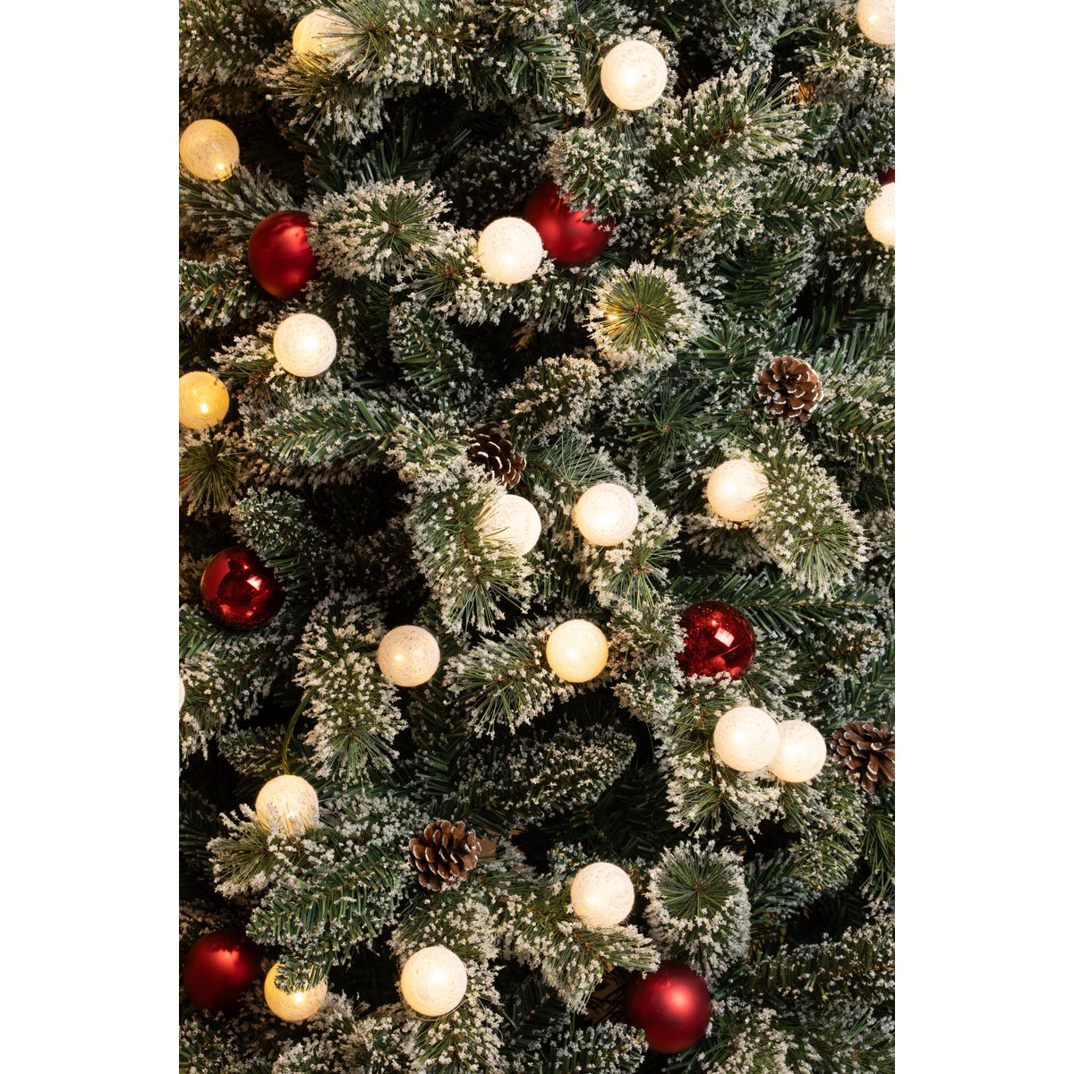 Künstlicher Weihnachtsbaum im Topf mit LED-Beleuchtung – H90 x Ø51 cm – Grün gefrostet, Rot