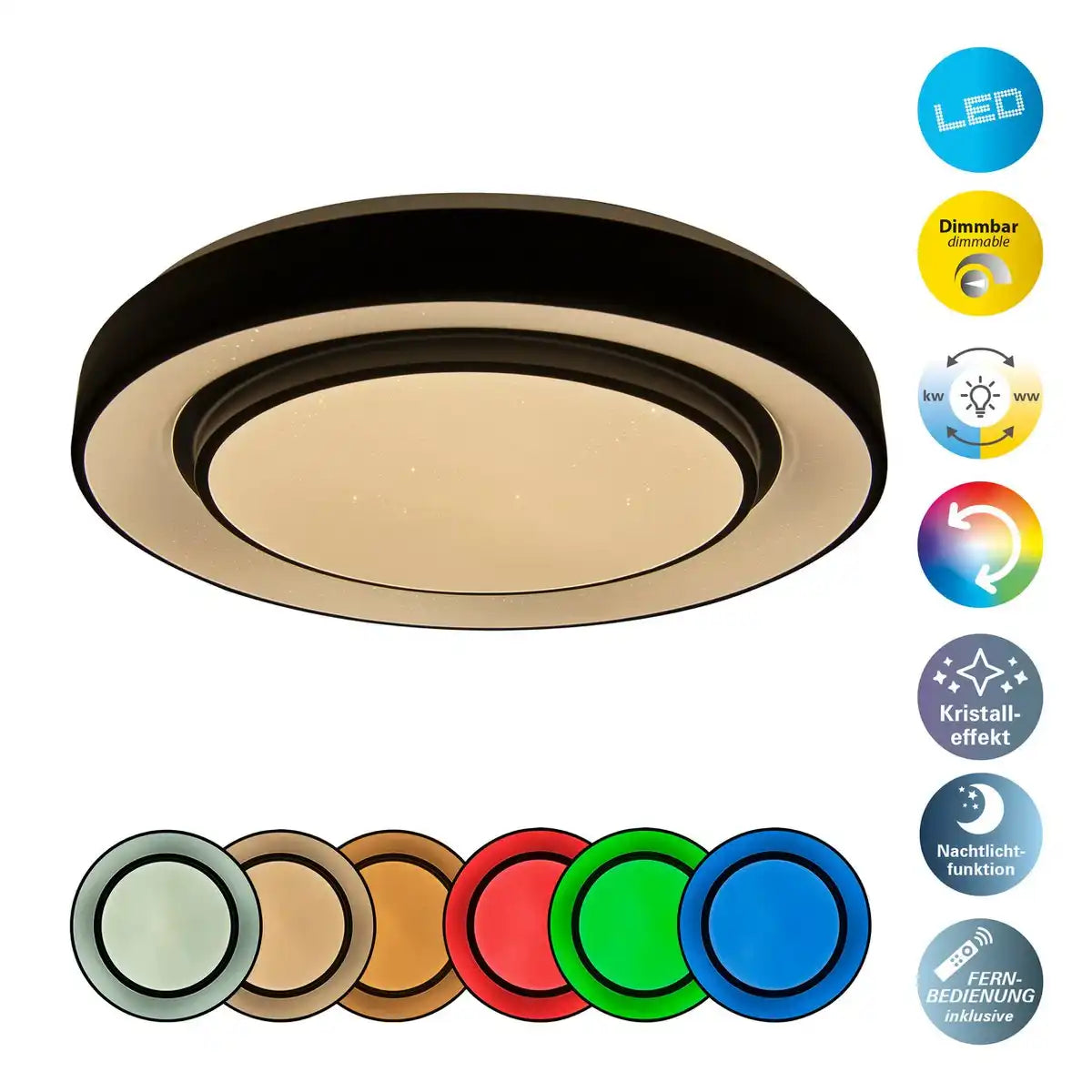 LED Deckenleuchte "MONTEREY" Ø 47,5cm, viele Funktionen, aus Metall und Kunststoff in Schwarz,, mit integrierten LEDs, Beleuchtung für Wohnräume, Flur oder Büro