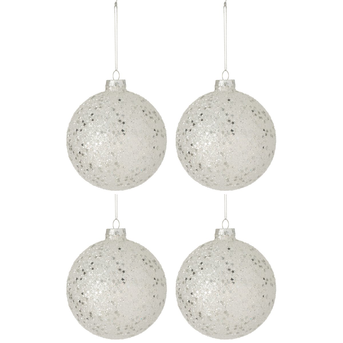 J-Line Box mit 4 Weihnachtskugeln Sterne Glas Silber Groß