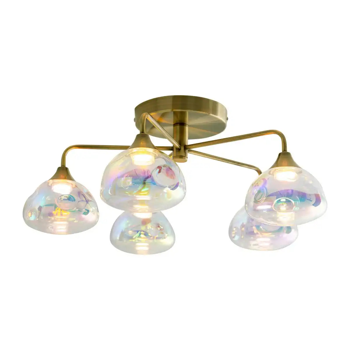 LED Deckenleuchte 5-flammig "VARNA", Deckenlampe aus messingfarbenem Metall und irisierendem Glas, mit fest verbauten LEDs, 50 cm Durchmesser, stilvolle Beleuchtung für Wohnzimmer, Esszimmer oder Diele