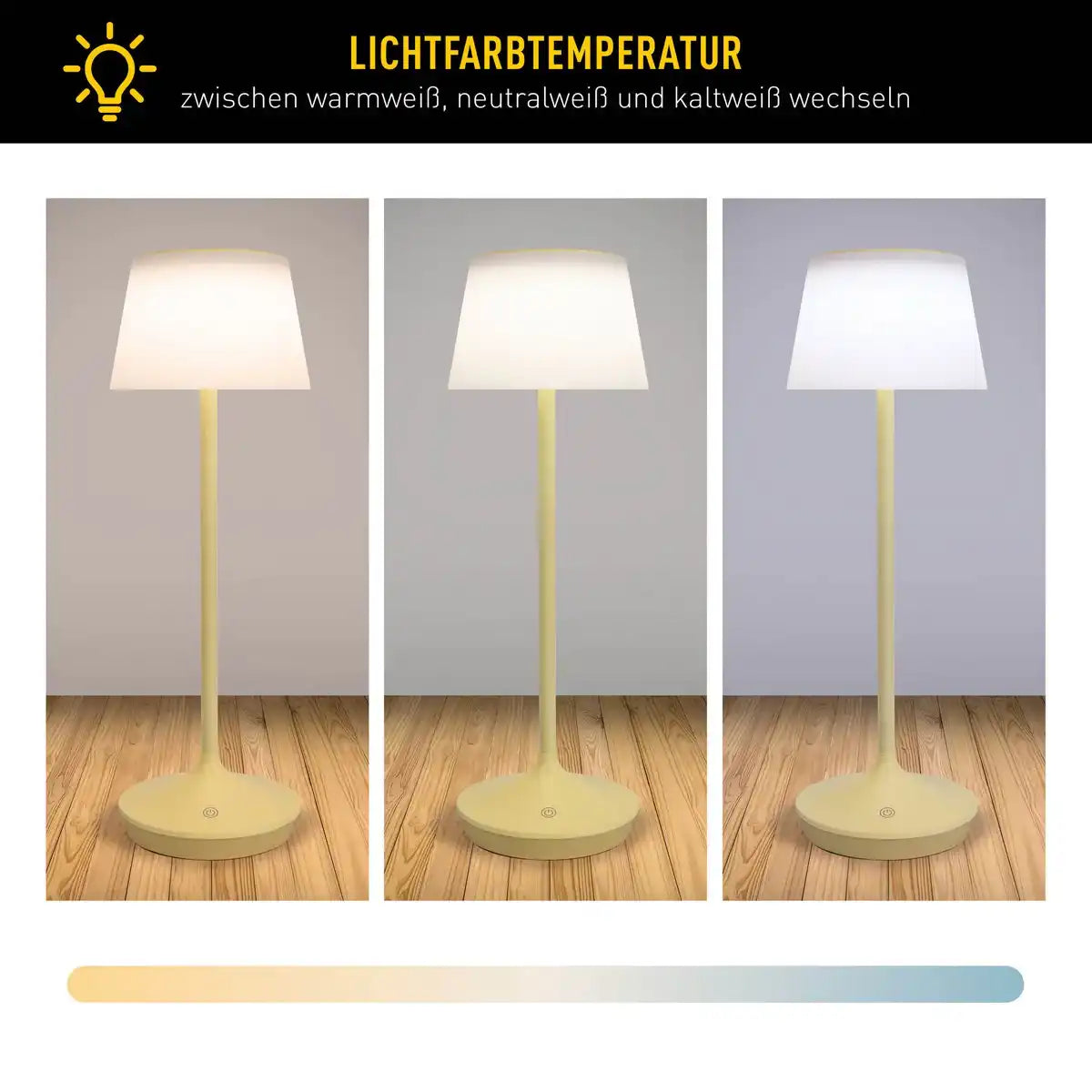 Solar-Akkutischleuchte "EMMI" 38 cm hoch, Schirm Ø 13 cm, Metall in Gelb und weißer Kunststoff, für den Außenbereich, dimmbar CCT.