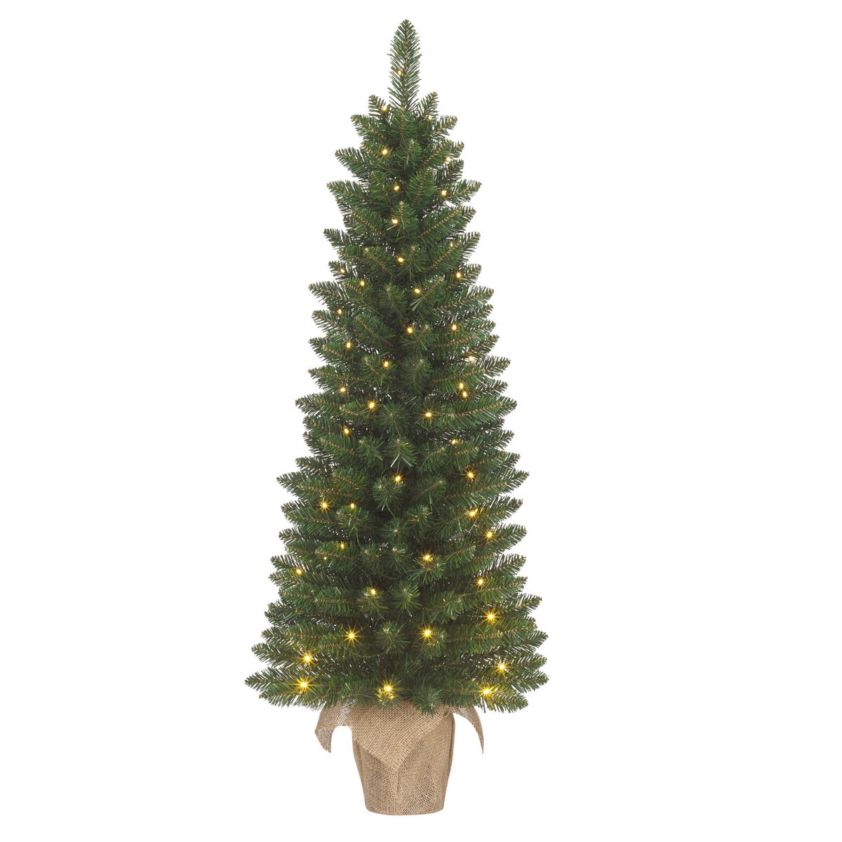 Gerlos Schmaler künstlicher Weihnachtsbaum im Topf mit warmweißer LED-Beleuchtung – H120 x Ø51 cm – Grün