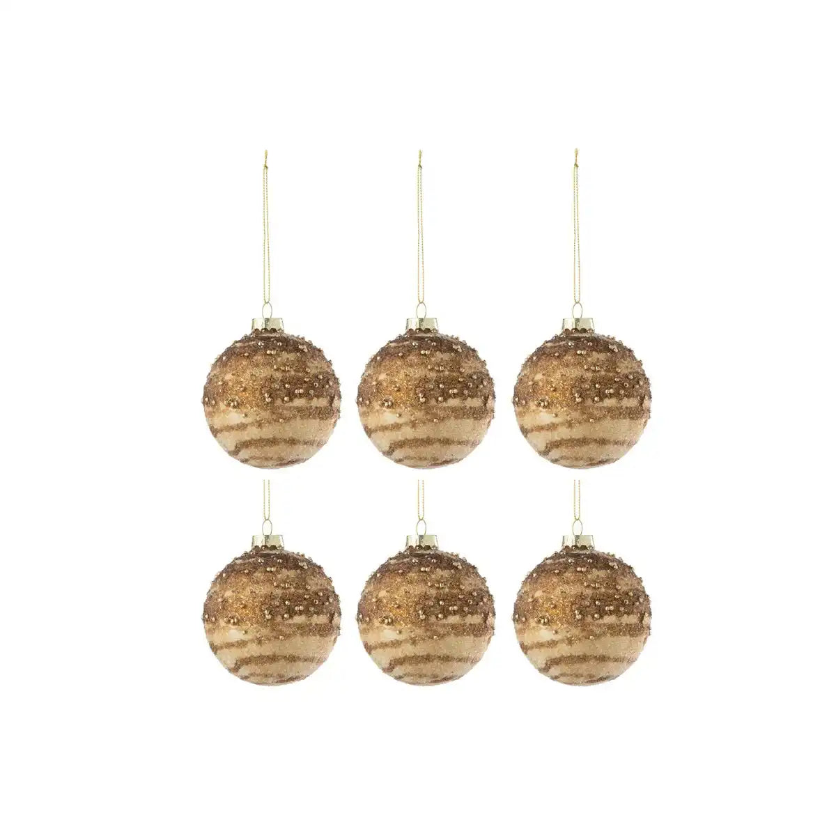 J-Line Box mit 6 Weihnachtskugeln, Linien, Pailletten, Glas, Braun