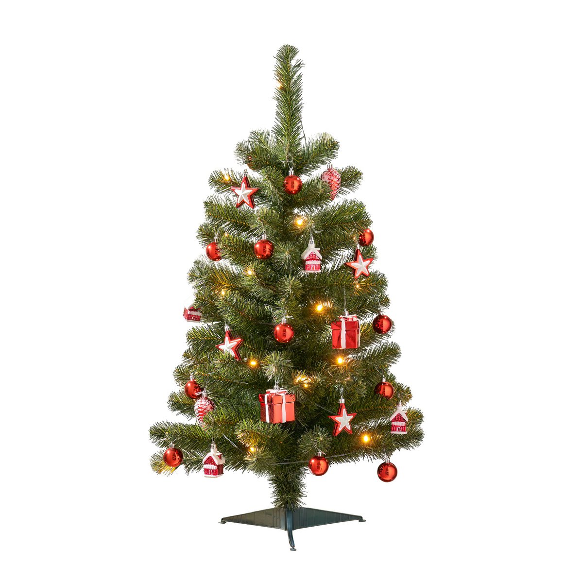 Künstlicher Weihnachtsbaum mit 26 Ornamenten und LED-Beleuchtung – H90 x Ø50 cm – Grün, Rot