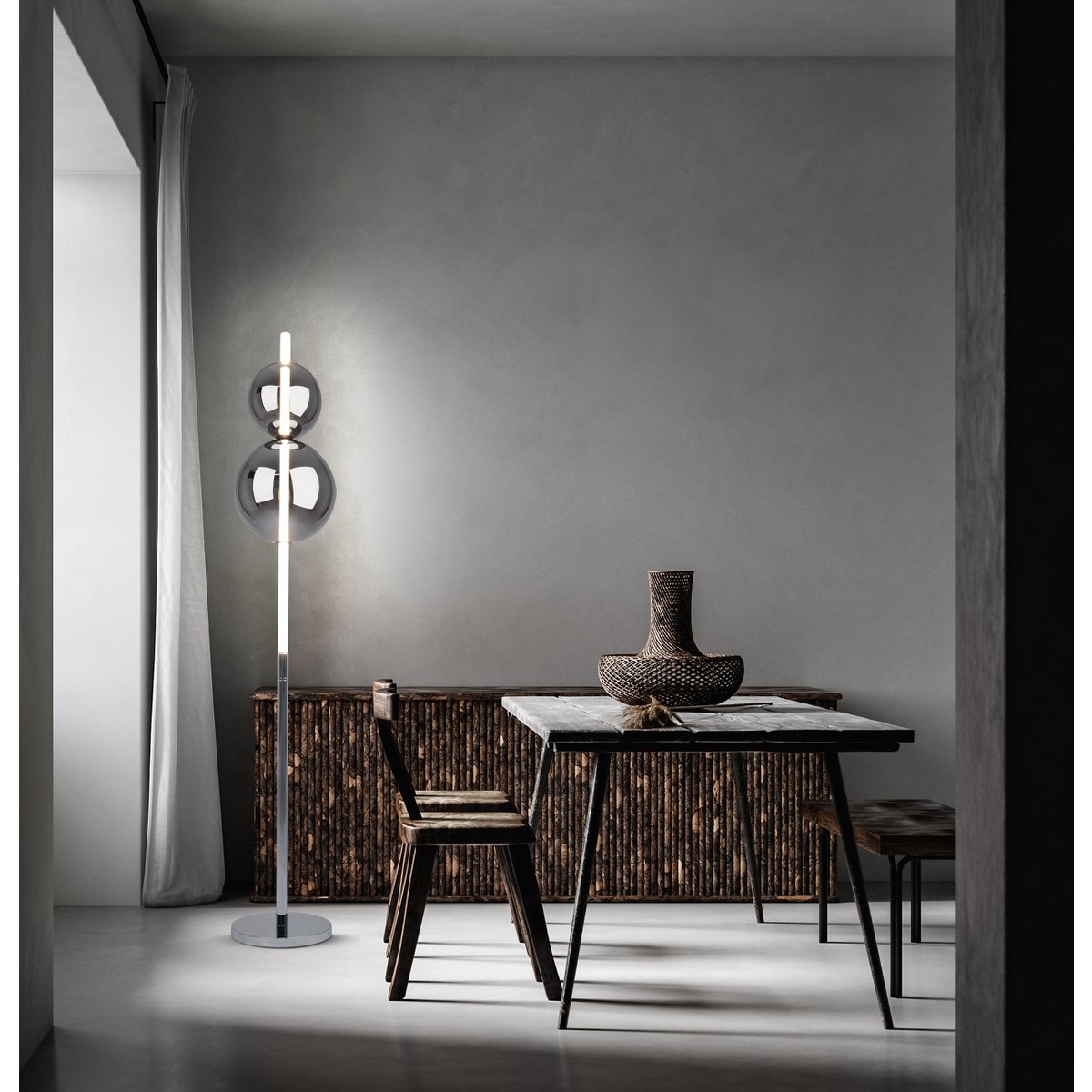 LED Stehleuchte "NOVA" Stehlampe mit Dimmfunktion aus chromfarbenem Metall, Kunststoff und Rauchglas, mit fest verbauten LEDs , ca 150 cm hoch