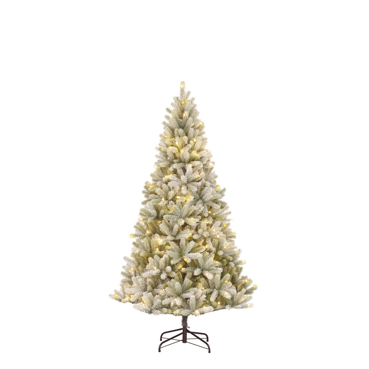Künstlicher Weihnachtsbaum mit warmweißer LED-Beleuchtung – H180 x Ø108 cm – grün gefrostet
