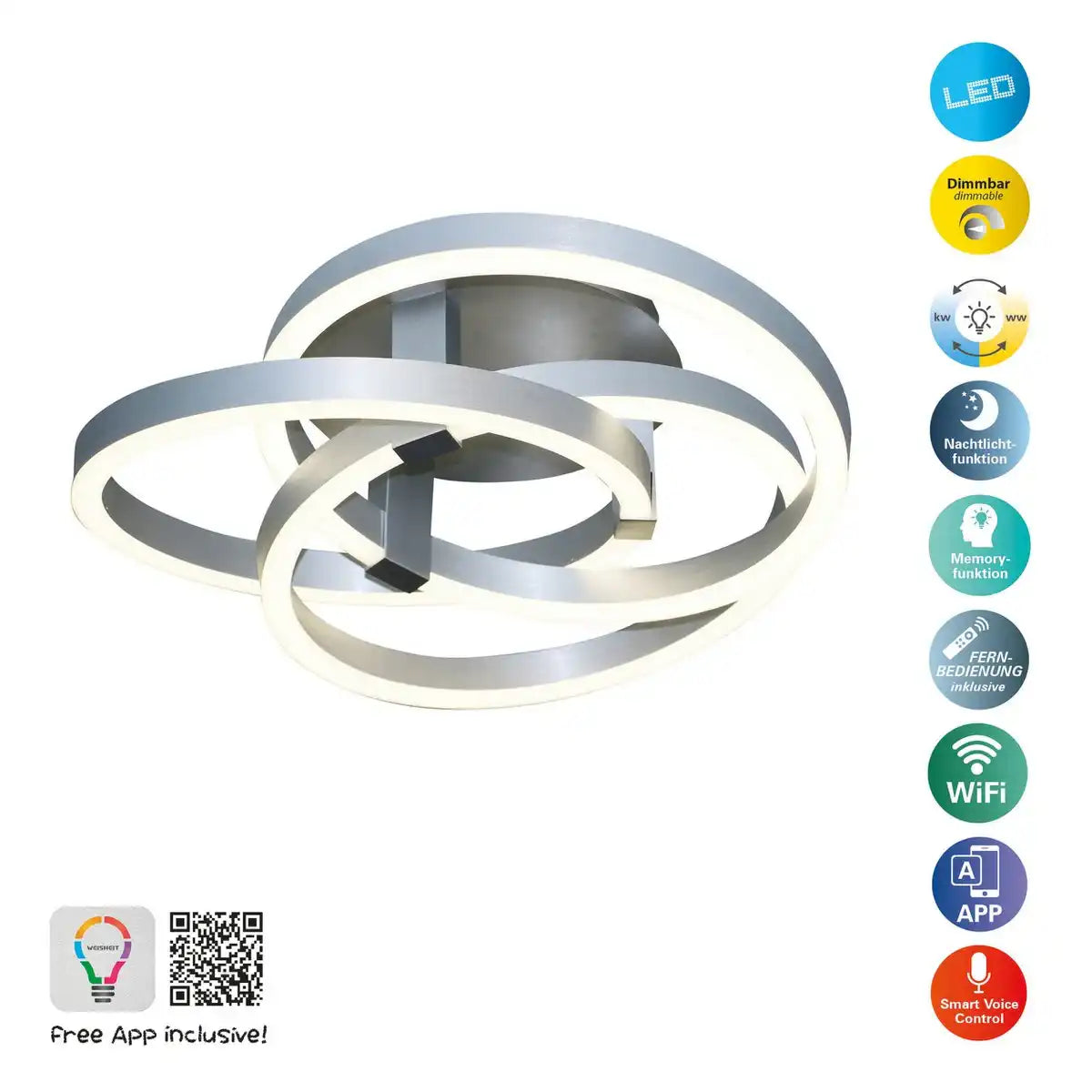 Smart Home LED Deckenleuchte "DIVORA" Ø 70 cm, Deckenlampe aus Metall, Aluminium gebürstet und weißem Kunststoff, mit vielen Funktionen, fest verbauten LEDs, Beleuchtung für Wohnzimmer, Esszimmer Büro oder Diele