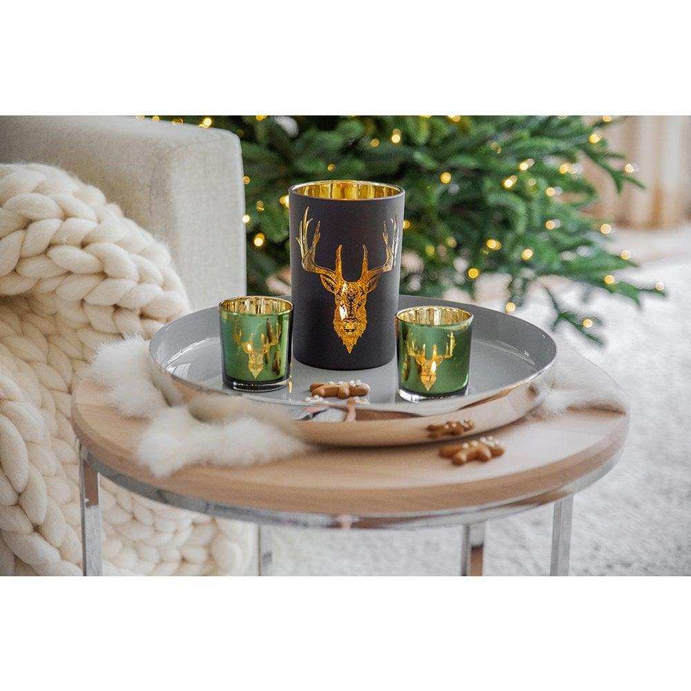 EDZARD Windlicht Teelichthalter Teelichtglas Wald, Hirsch-Motiv, matt-schwarz / gold, Höhe 18 cm - HomeDesign Knaus