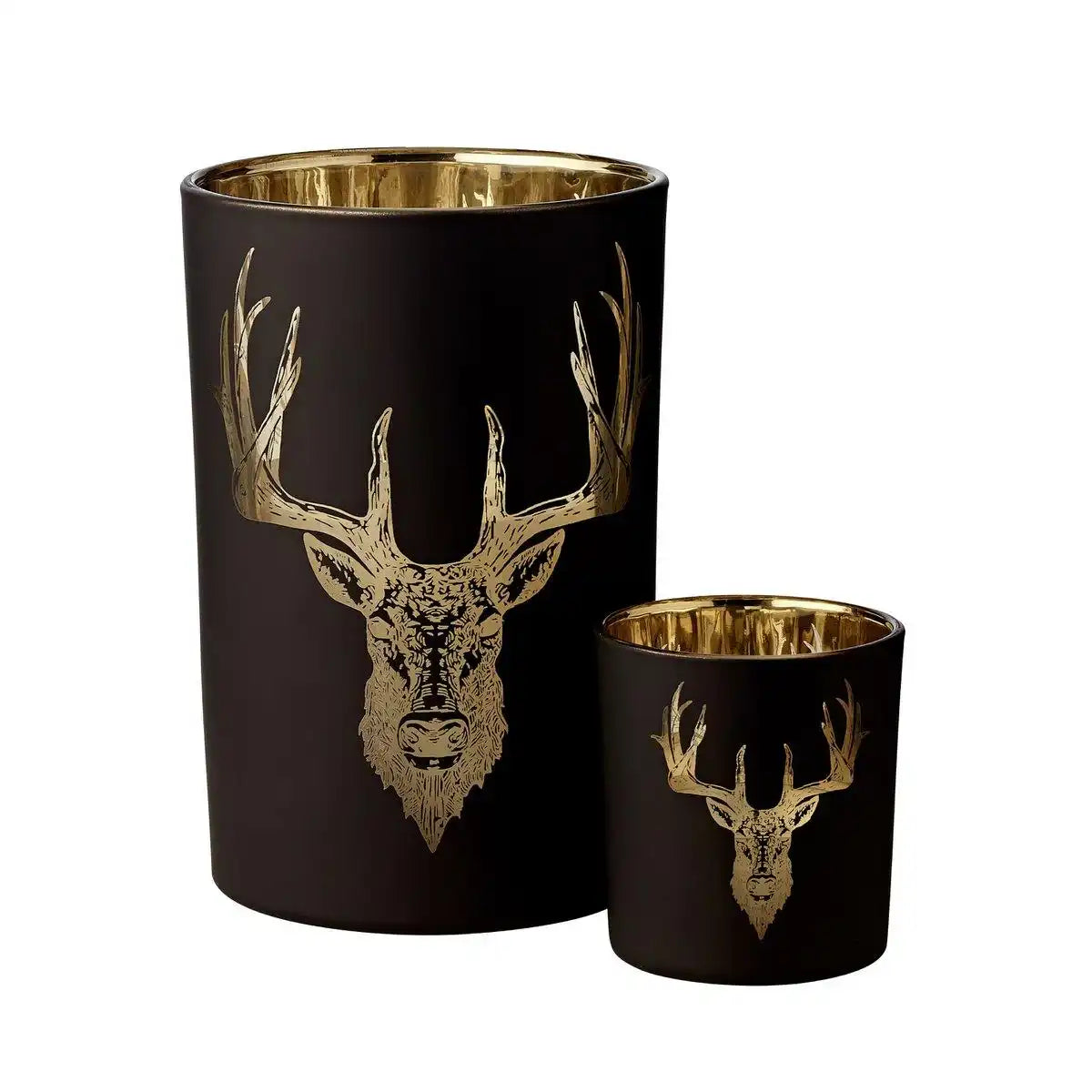 EDZARD Windlicht Teelichthalter Teelichtglas Wald, Hirsch-Motiv, matt-schwarz / gold, Höhe 18 cm - HomeDesign Knaus