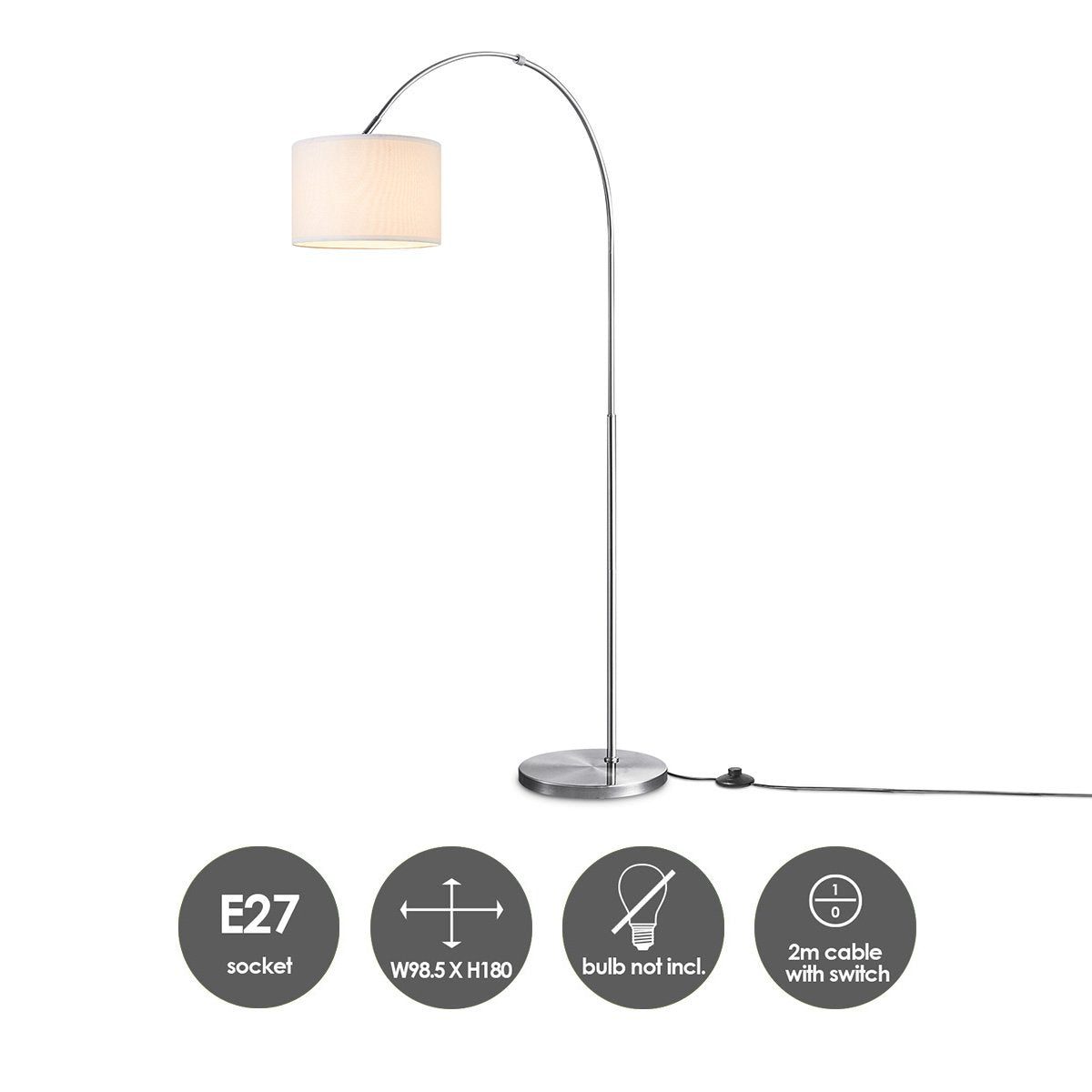 Moderne Bogen-Stehlampe – Duke – gebürsteter Stahl – Weiß