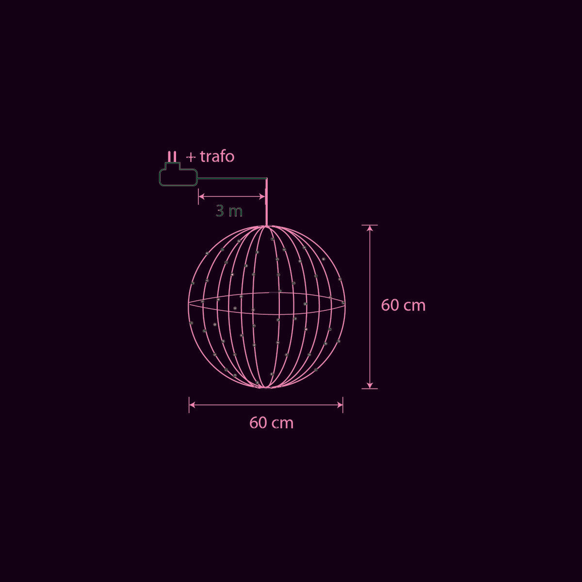 Weihnachtsbeleuchtungskugel mit warmweißen LED-Lichtern – Ø60 cm – Schwarz