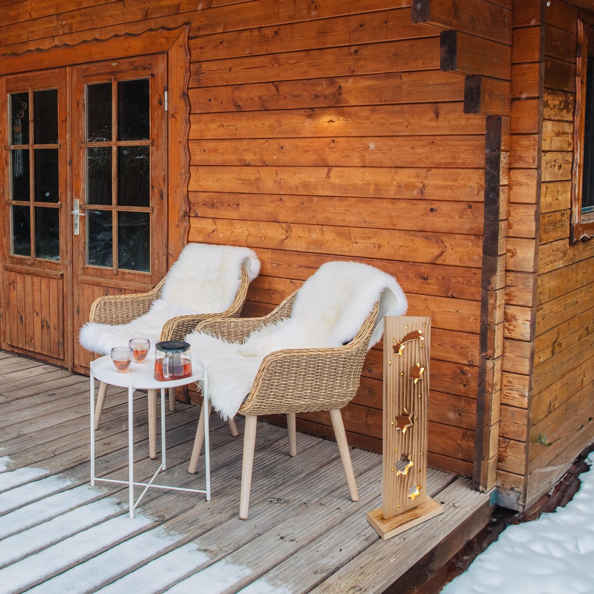 LED-Holz-Dekoleuchte "STERNE", aus naturbelassenem Holz mit festverbauten LEDs, Weihnachtsdekoration für Außen