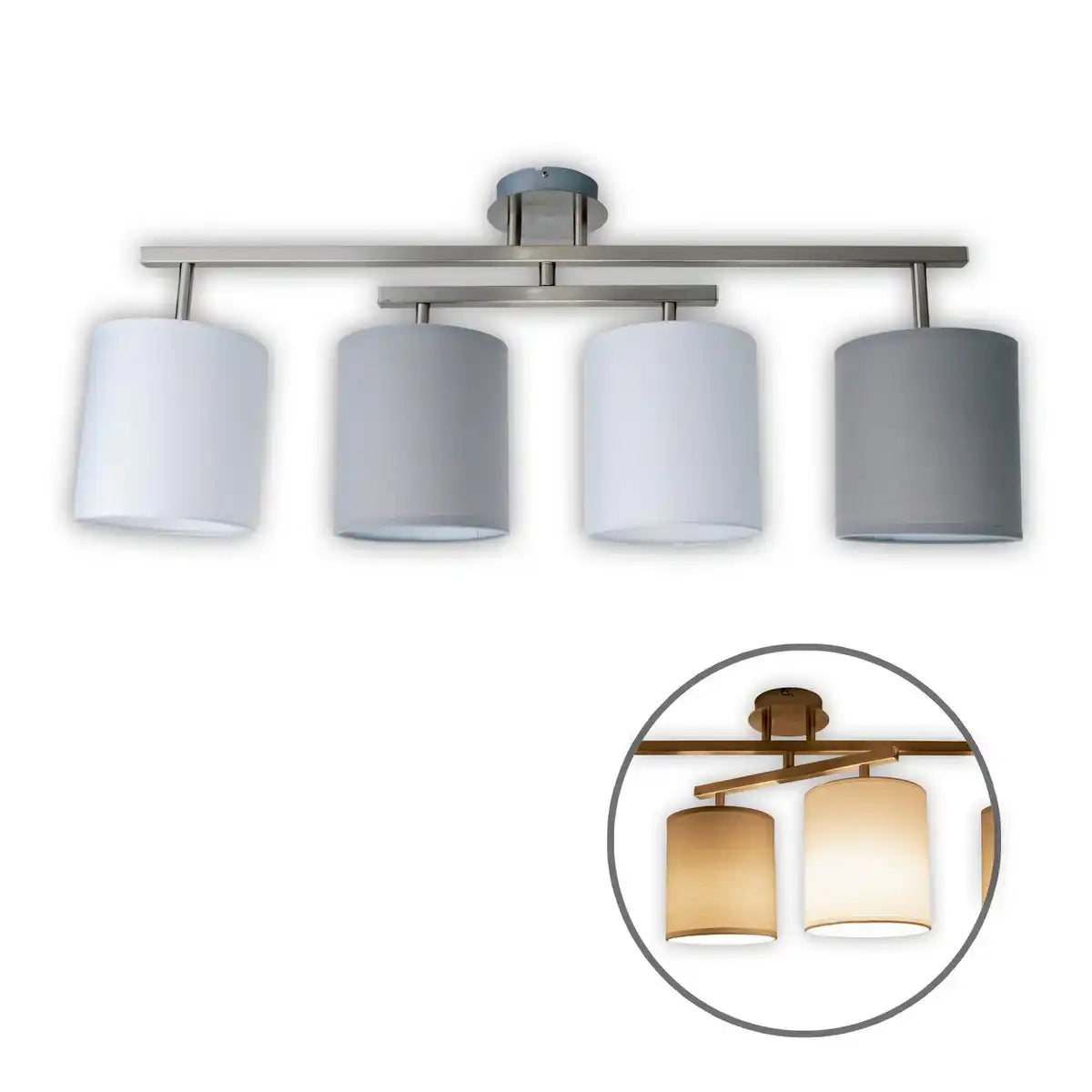 4er Deckenleuchte "TILDE", klassische Deckenlampe aus Metall und Textil in Grau mit E27-Fassung, 82 cm lang, die Schirme sind verstellbar, ideal für Wohnzimmer, Esszimmer und Schlafzimmer