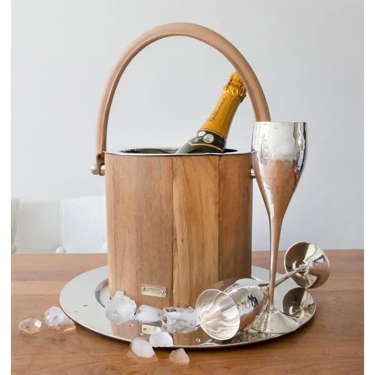 Eiseimer Havanna mit Ledergriff, Edelstahl glänzend vernickelt, außen Holz, Höhe 20 cm - HomeDesign Knaus