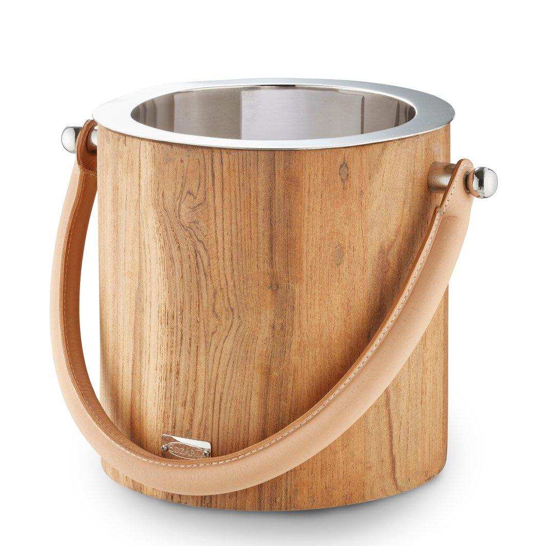 Eiseimer Havanna mit Ledergriff, Edelstahl glänzend vernickelt, außen Holz, Höhe 20 cm - HomeDesign Knaus