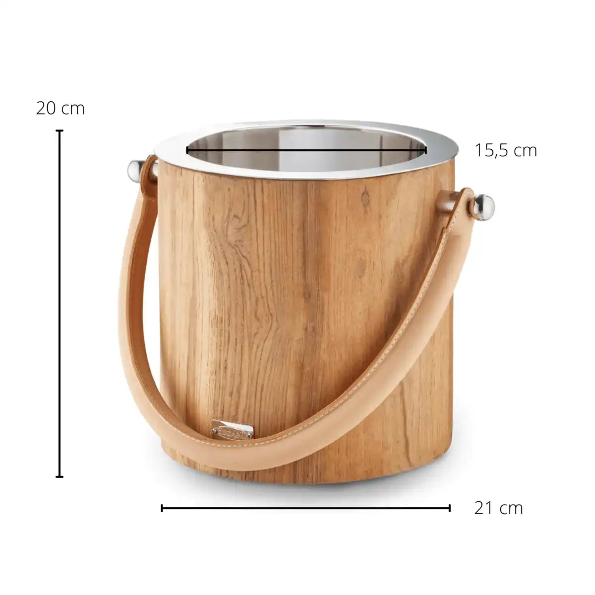 Eiseimer Havanna mit Ledergriff, Edelstahl glänzend vernickelt, außen Holz, Höhe 20 cm - HomeDesign Knaus