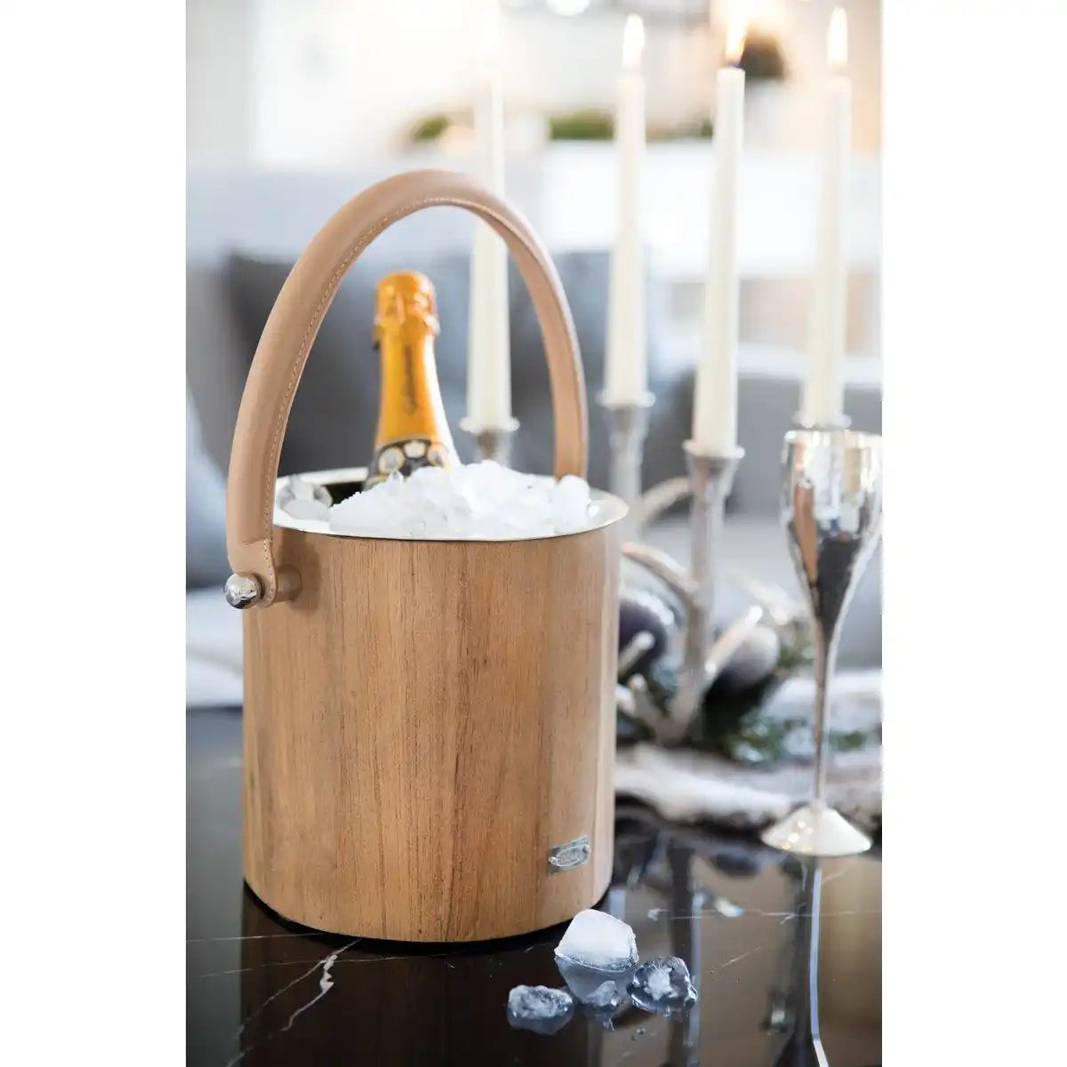 Eiseimer Havanna mit Ledergriff, Edelstahl glänzend vernickelt, außen Holz, Höhe 20 cm - HomeDesign Knaus