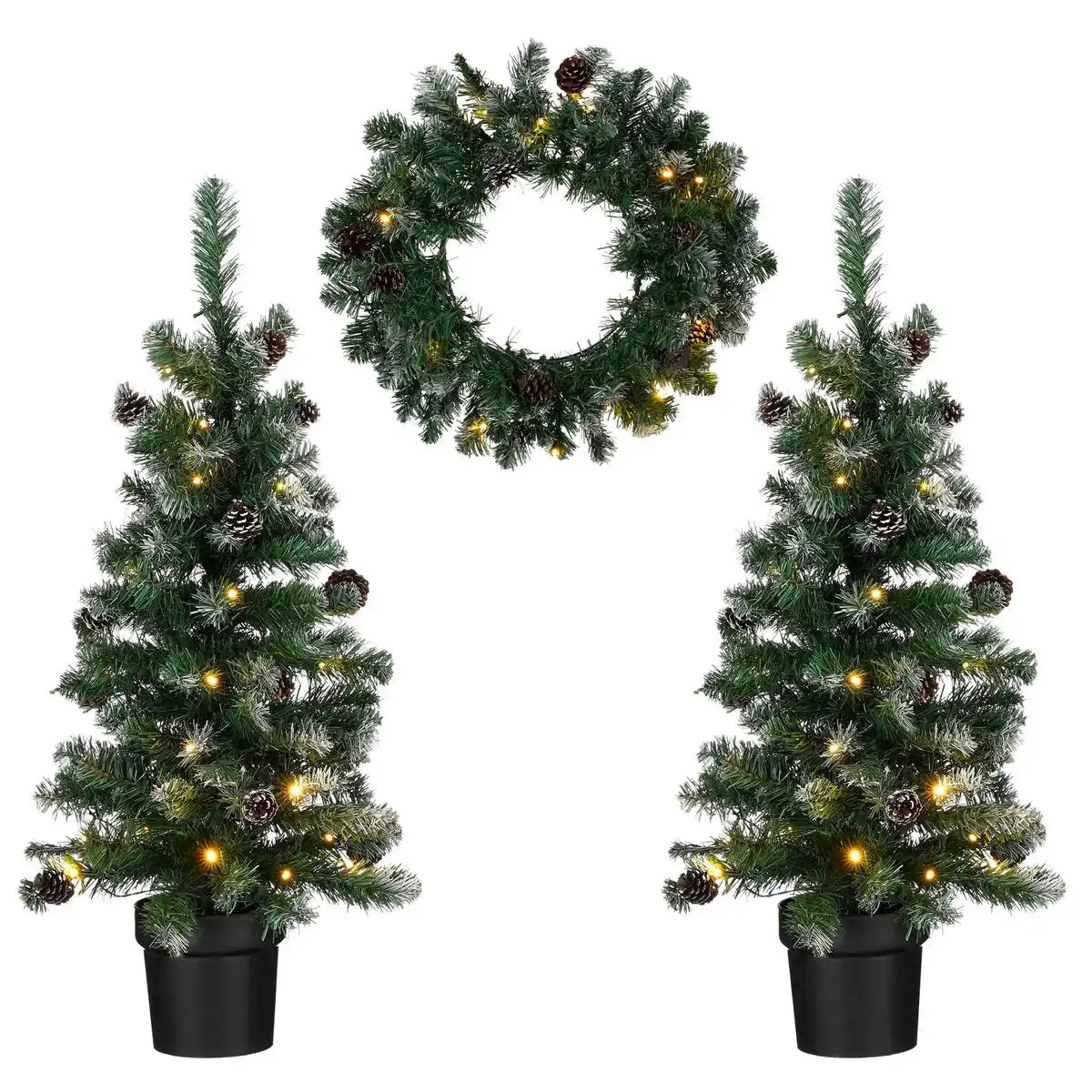 2er Set künstlichen Weihnachtsbäumen und 1 Weihnachtskranz mit LED -Beleuchtung - grün gefrostet