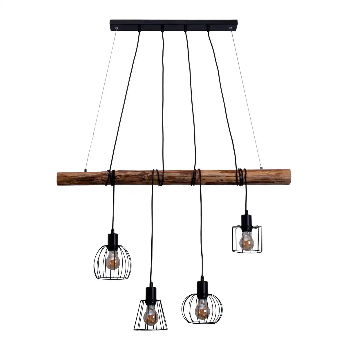 4er Pendelleuchte "WOODLAND", Hängelampe, Metall und Holz in Schwarz, und natur- E27-Fassung, für Esszimmer, Wohnzimmer, Diele oder Büro, 100 cm lang