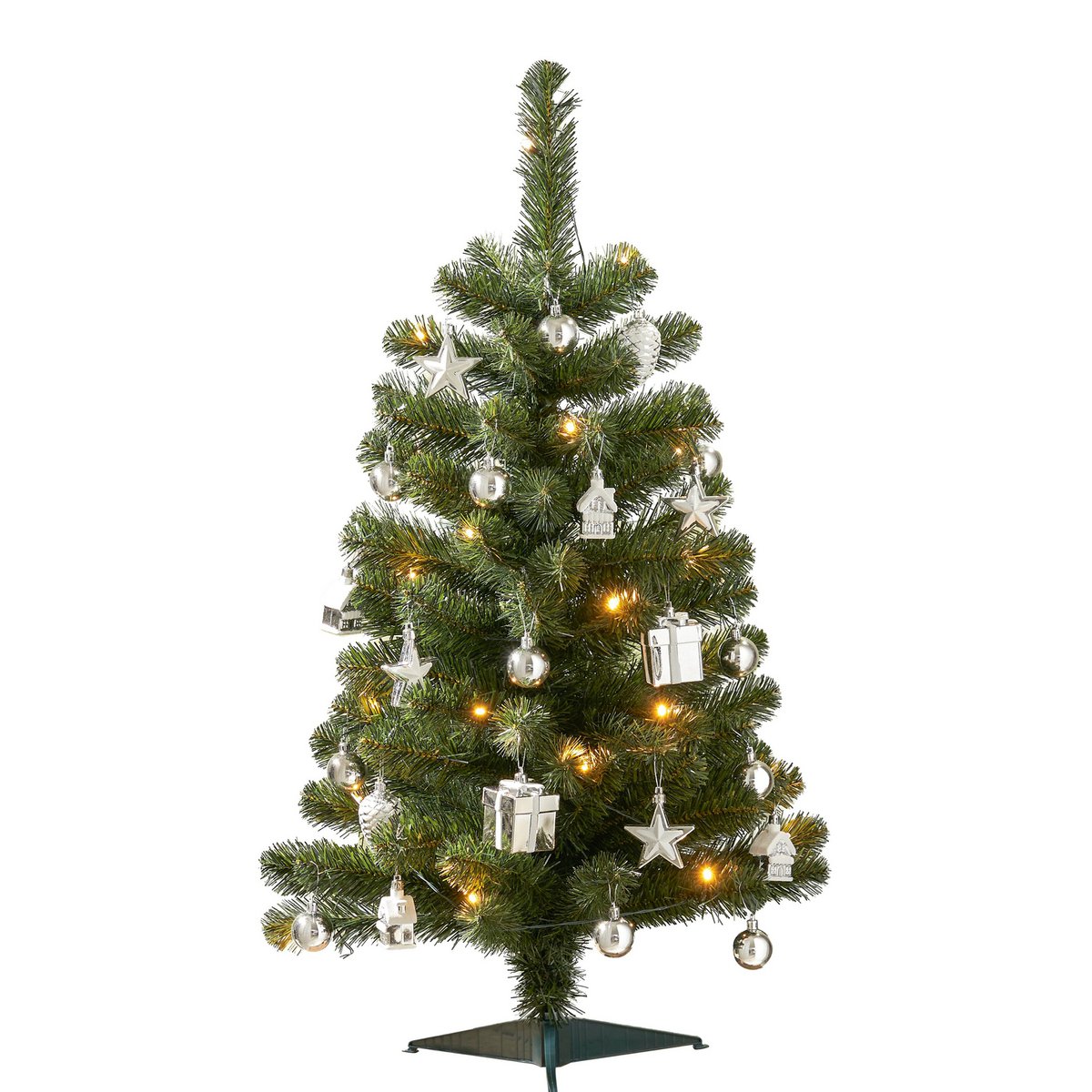 Künstlicher Weihnachtsbaum mit 26 Ornamenten und LED-Beleuchtung – H90 x Ø50 cm – Grün, Silber