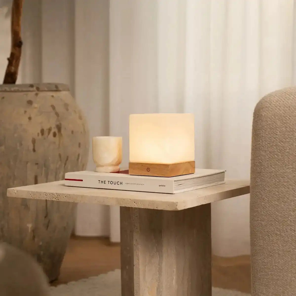 Yce hellbraune schnurlose Holzlampe mit gefrorenem Glas-wiederaufladbar, dimmbar, 100-Stunden-Batterie