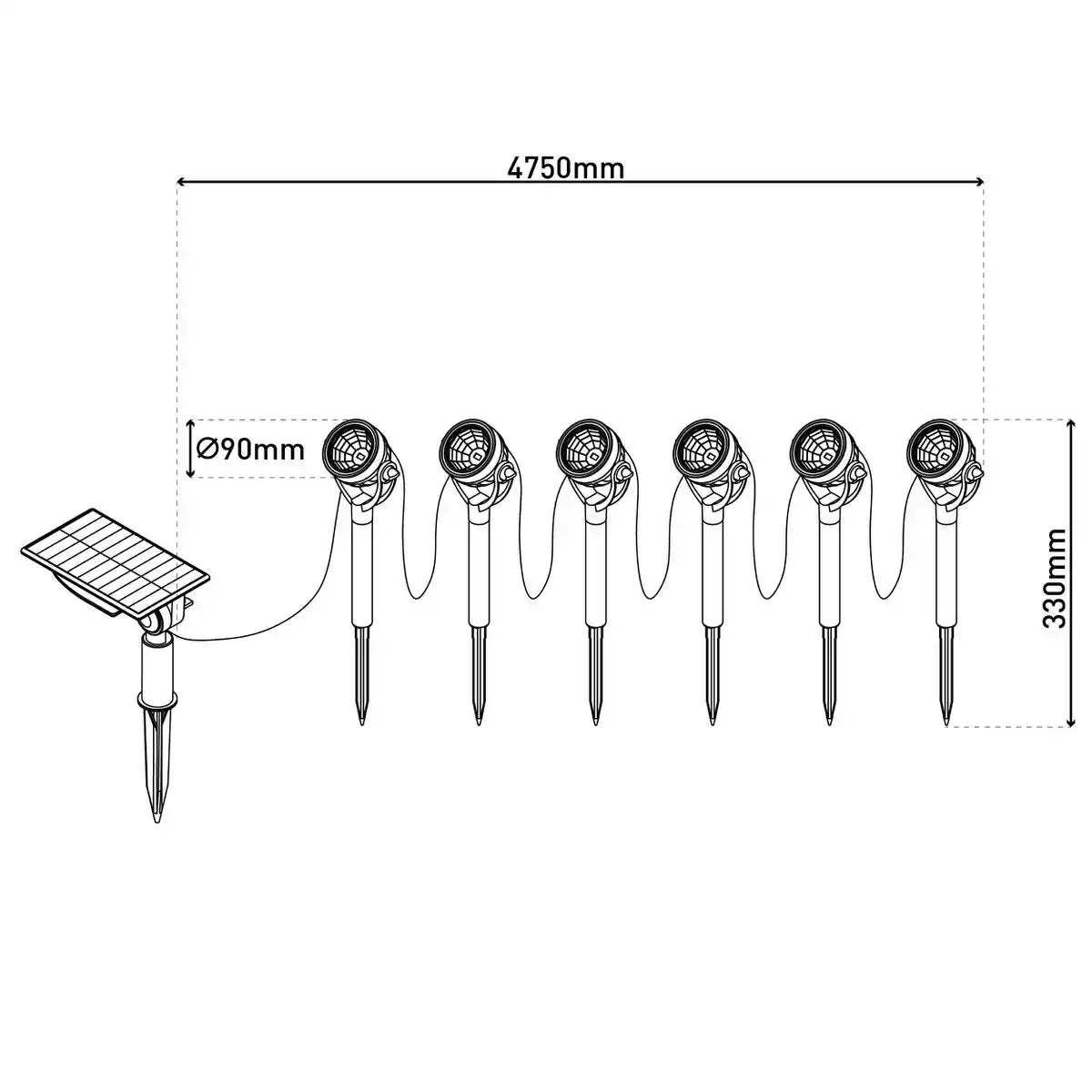 Solar- / Erdspieß 6er Set "NOMI" ca. 475 cm lang, aus schwarzem Kunststoff, warmweiß