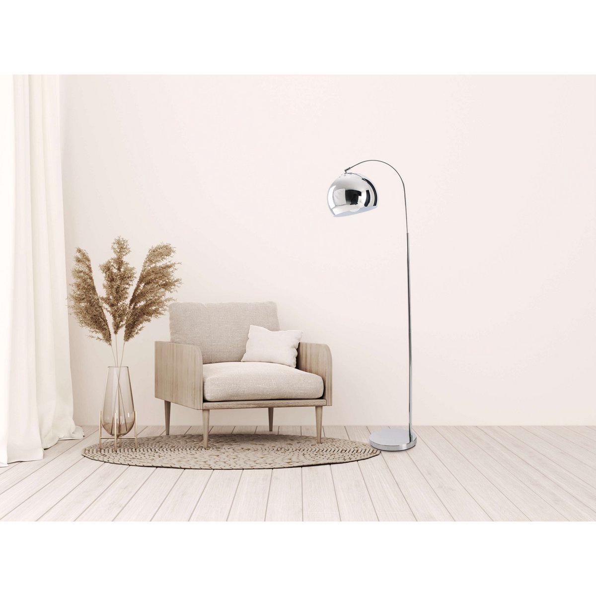 Stehleuchte "STYLE", Retro Klassiker Stehlampe mit Bogen aus chromfarbenem Metall mit, E27-Fassung, 146 cm hoch, ideal für Esszimmer, Wohnzimmer und Büro.