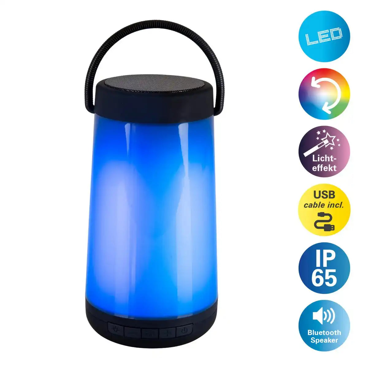 LED-Tischleuchte mit BT-Speaker "FESTA" für den Außenbereich aus schwarzem Kunststoff mit integrierten LEDs, 18 cm hoch