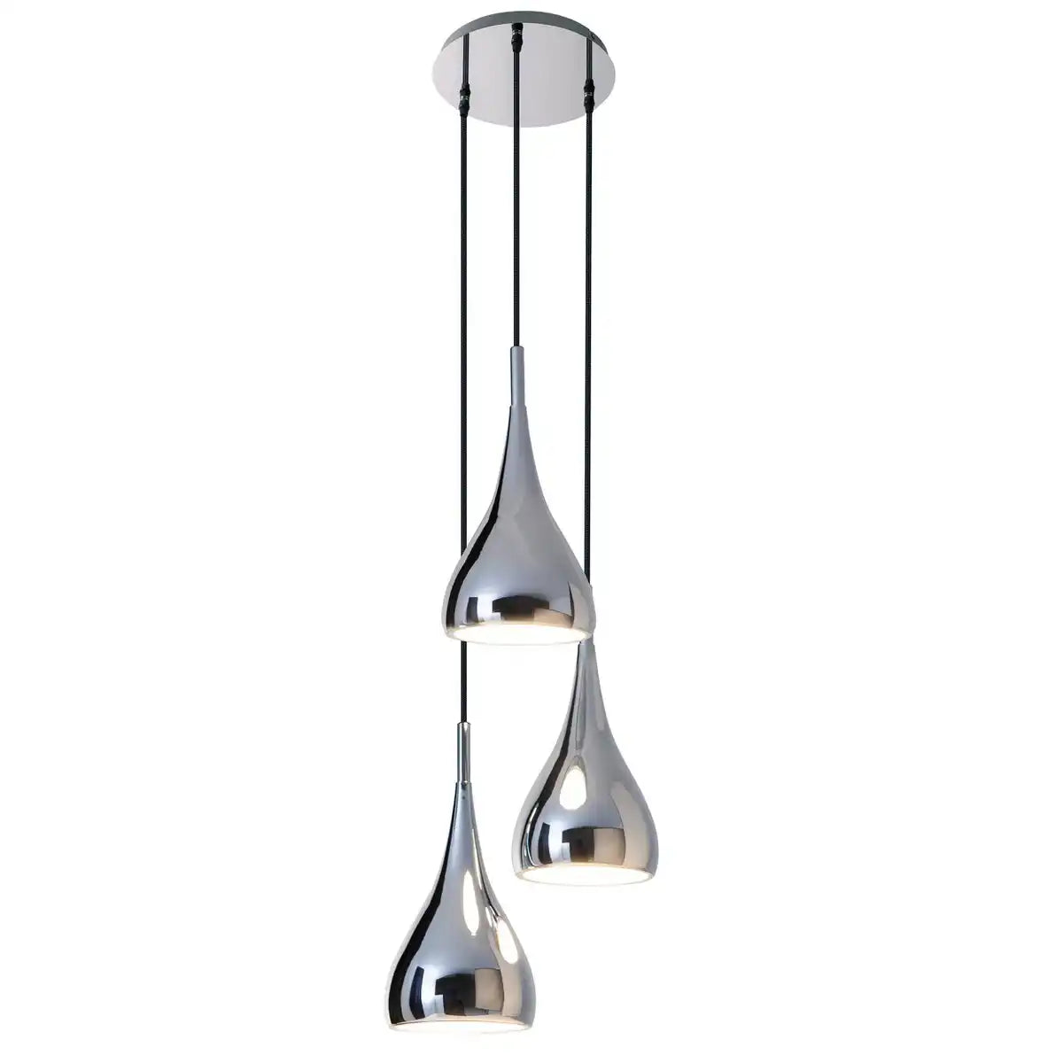 3-er Pendelleuchte "STYLE", Retro Klassiker Pendellampe aus chromglänzendem Metall mit E27-Fassungen, Schirm Ø16 cm, Gesamt Ø30 cm, ideal für Esszimmer, Wohnzimmer und Küche.