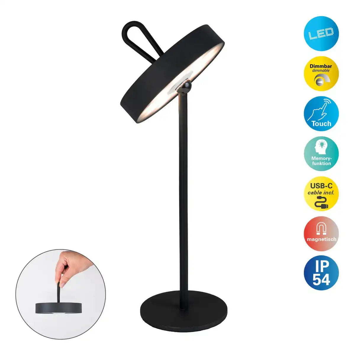 LED-Akku-Tischleuchte magnetisch "ELLA" für Außen und Innen, aus Metall und Kunststoff in Schwarz, 35 cm hoch