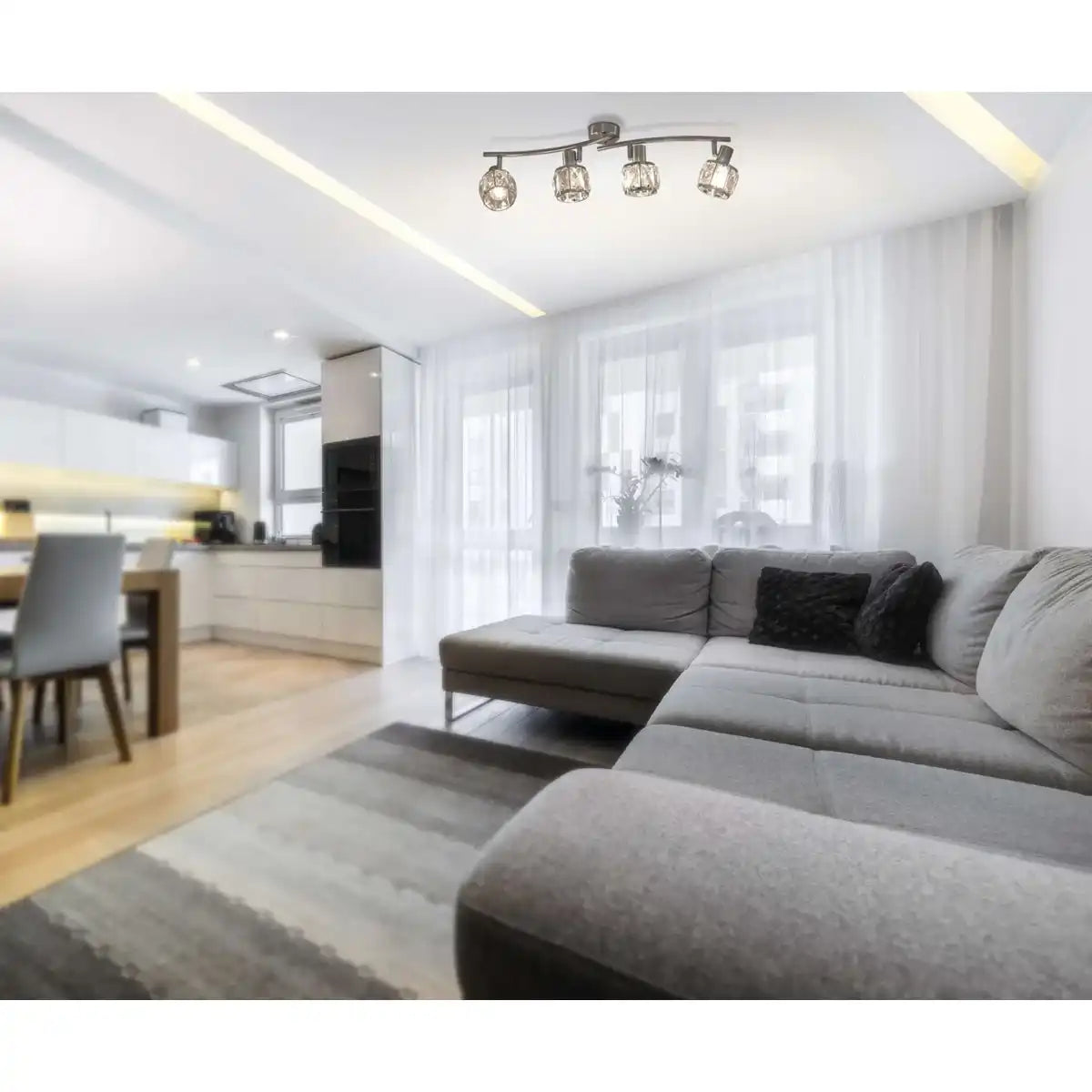 4er-LED Spot "JOSEFA" mit E14-Fassung Filament, Deckenlampe aus Metall und Glas in Edelstahloptik, mit E14-Fassung Filament Leuchtmittel inklusive, Leuchte für Wohnzimmer, Esszimmer, Flur oder Diele 70 x 8 cm