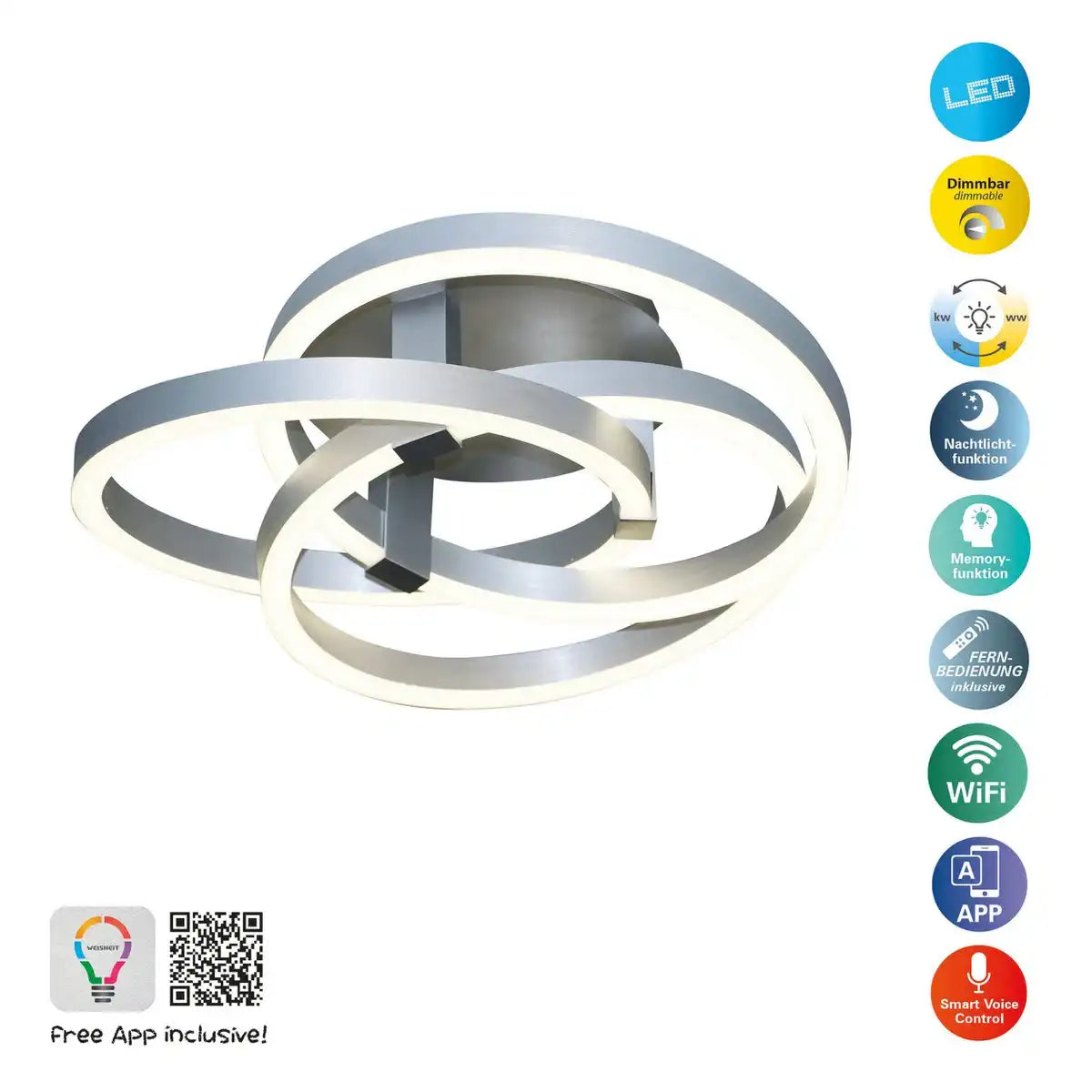 Smart Home LED Deckenleuchte "DIVORA" Ø 58cm, Deckenlampe aus Metall, Aluminium gebürstet und weißem Kunststoff, mit vielen Funktionen, fest verbauten LEDs, Beleuchtung für Wohnzimmer, Esszimmer Büro oder Diele