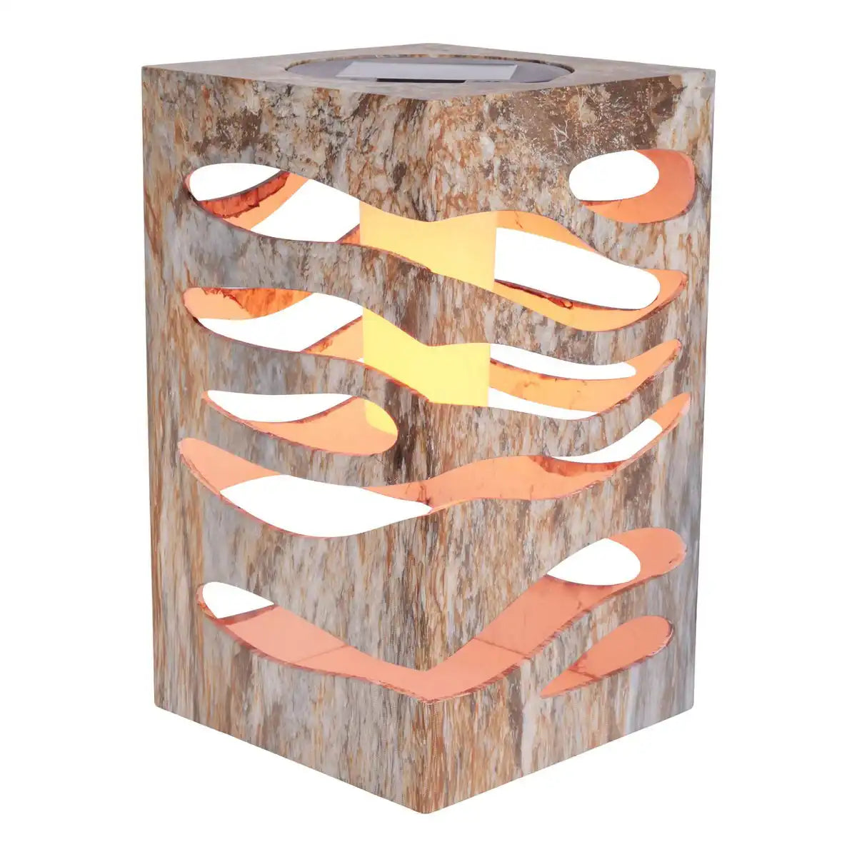 LED Deko-Solarleuchte "HILDA", 12,3 x 12,3 cm, 20 cm hoch, aus hochwertigem Kunststoff, außen braun-beiges Marmor-Finish, integrierte LED, warmweiß