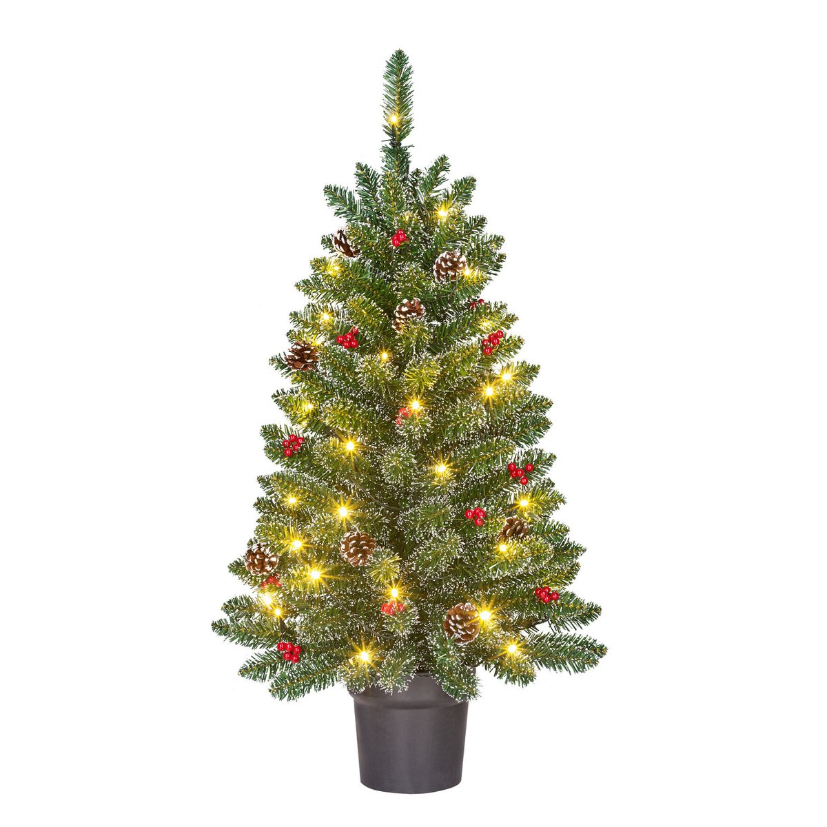 Künstlicher Weihnachtsbaum im Topf mit LED-Beleuchtung – H90 x Ø50 cm – Grün gefrostet