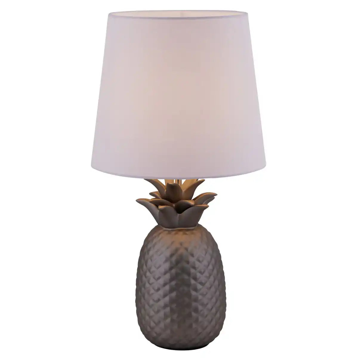 Keramik-Tischleuchte "ANANAS", Tischlampe aus Keramik mit silbermattfarbene Glasur und weißem Stoffschirm, mit E14-Fassung, für Esszimmer, Wohnzimmer, Diele oder Büro, Tischleuchte 45 cm hoch