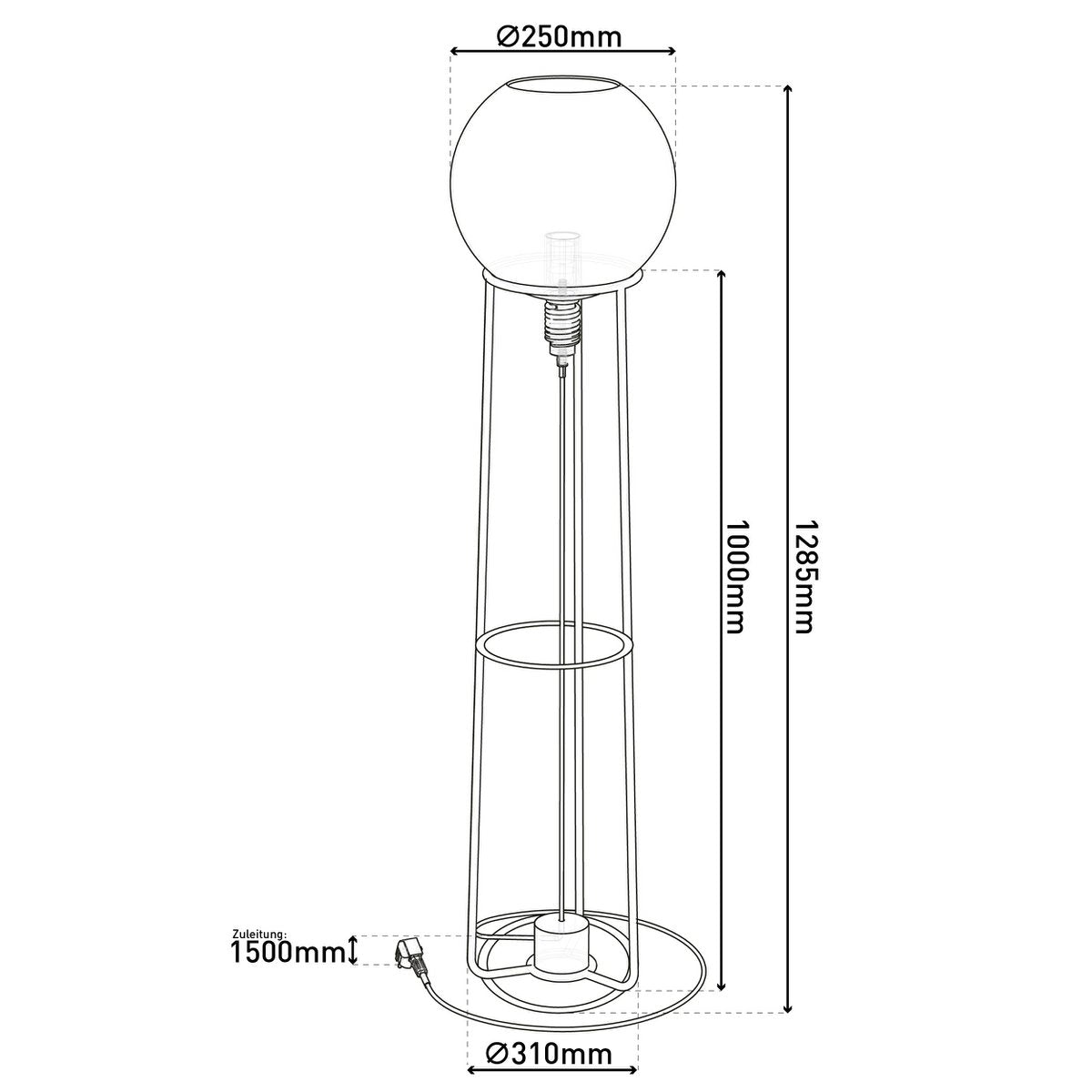 Stehleuchte "STELO" , moderne Stehlampe aus schwarzem Metall und Rauchglas, E27-Fassung, 128,5 cm hoch, für Esszimmer, Wohnzimmer, Diele oder Büro,