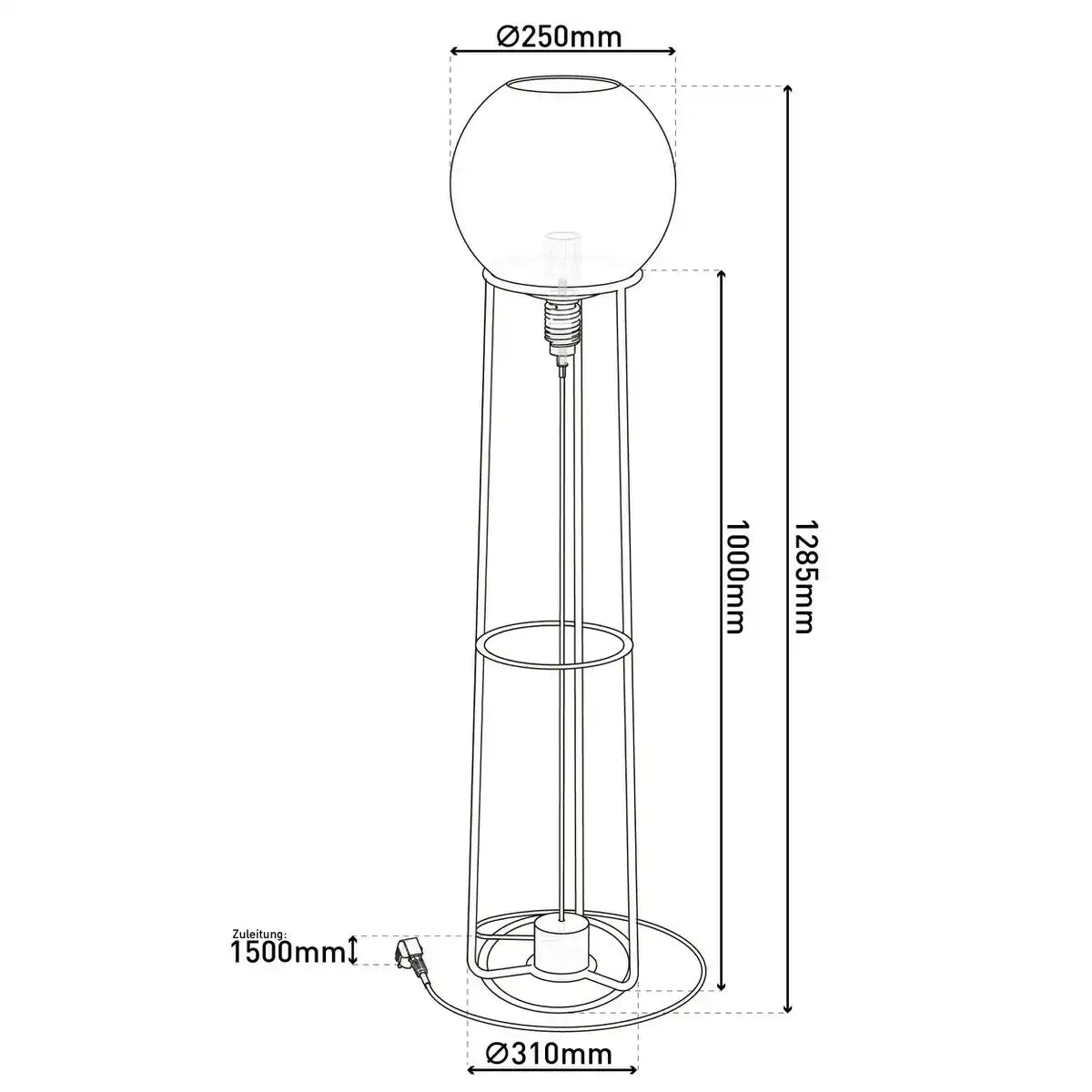 Stehleuchte "STELO" , moderne Stehlampe aus schwarzem Metall und Rauchglas, E27-Fassung, 128,5 cm hoch, für Esszimmer, Wohnzimmer, Diele oder Büro,