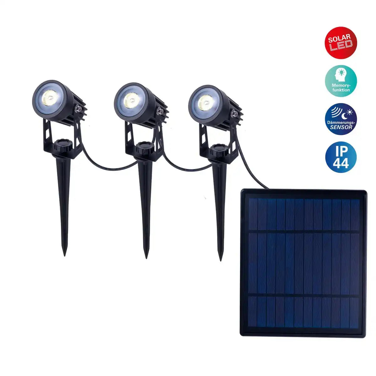 3er LED Solarspot mit Erdspieß ""Spoti"" Außen-Erdspieß aus Metall und ABS-Kunststoff in Schwarz, mit fest verbauten LEDs mit drei Leistungsstufen