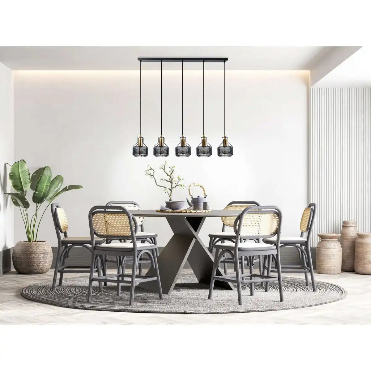 5er Pendelleuchte "FORO" Retro Pendellampe aus Metall in Schwarz, und Gold mit E27-Fassungen, 96 cm lang. Stilvolle Beleuchtung für Wohnzimmer, Esszimmer oder Küche.