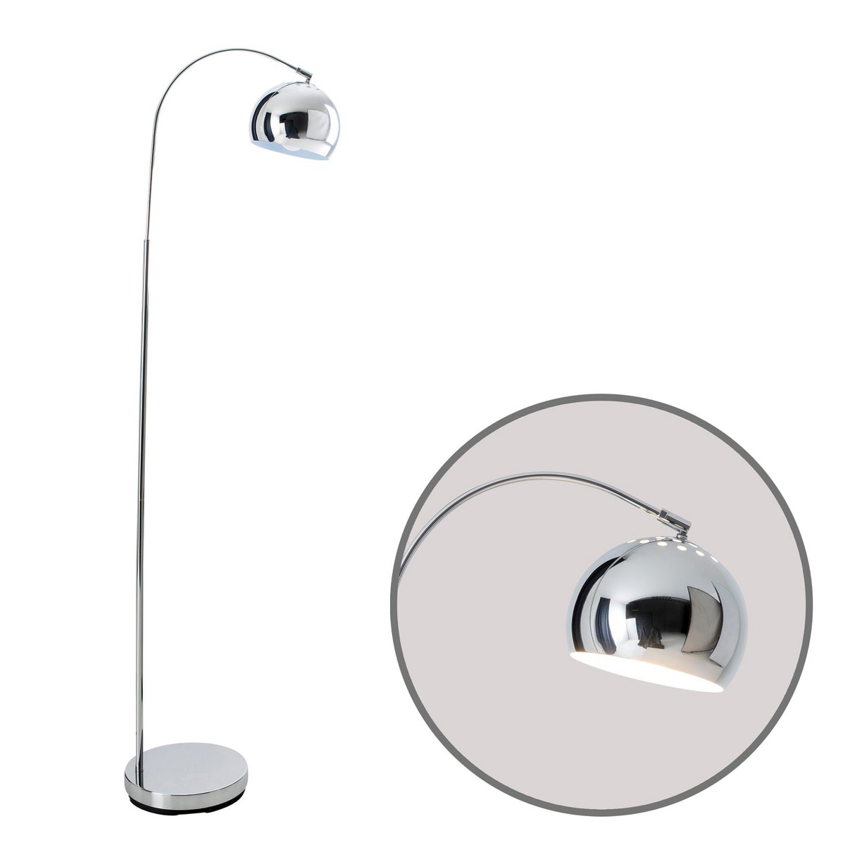 Stehleuchte "STYLE", Retro Klassiker Stehlampe mit Bogen aus chromfarbenem Metall mit, E27-Fassung, 146 cm hoch, ideal für Esszimmer, Wohnzimmer und Büro.
